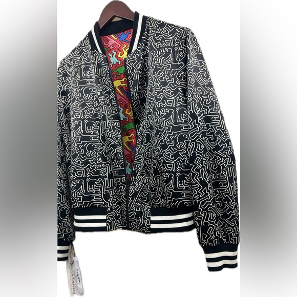 NWT Alice+Olivia x Keith Haring-Multicolor Reversible SILK Bomber Jacket Size: M - Picture 5 of 8